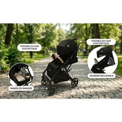 NANIA - Poussette canne compacte - Lexy - Pack complet (protege-jambes + habillage pluie) - 4 roues - Noir