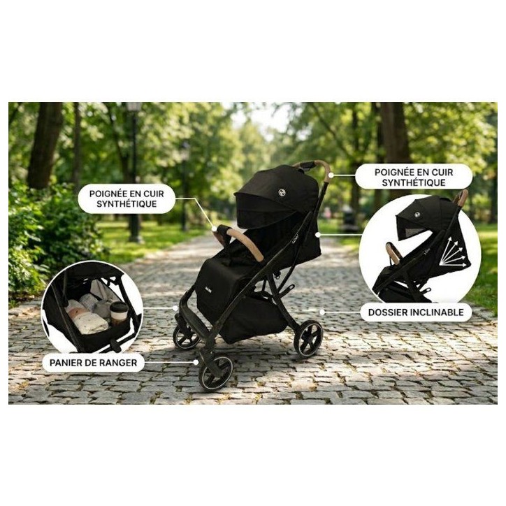 NANIA - Poussette canne compacte - Lexy - Pack complet (protege-jambes + habillage pluie) - 4 roues - Noir