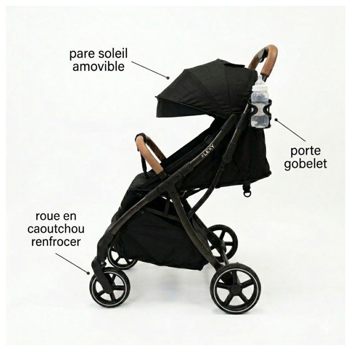 NANIA - Poussette canne compacte - Lexy - Pack complet (protege-jambes + habillage pluie) - 4 roues - Noir