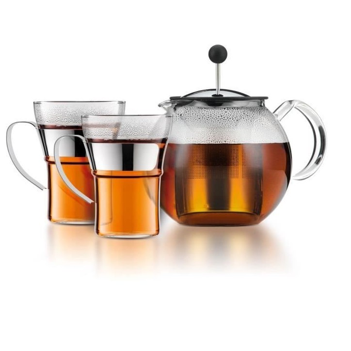 Théiere a piston - BODUM - ASSAM SET - 1.0 l avec couvercle, filtre inox + 2 tasses verre anse inox 0.35 l