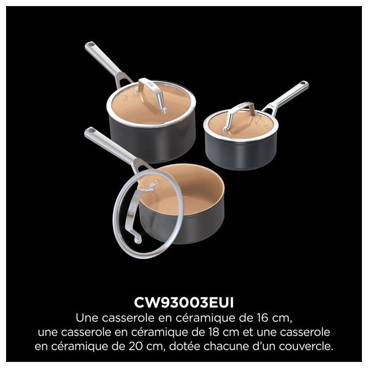 Set de 3 casseroles en céramique - Ninja - ExtendedLife CW93003EUI - 16/18/20 cm avec couvercles - Sans PFAS - Garantie 5 ans