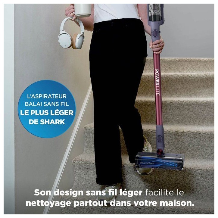 Aspirateur balai sans fil Shark PowerLite BU1621EU, léger - capteur FloorDetect - brosse PowerFins - 40 min d'autonomie