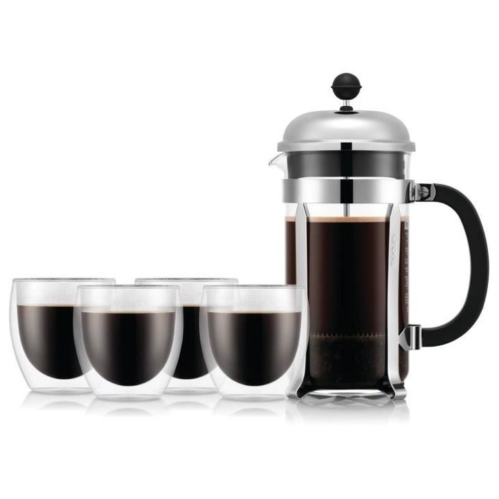 Cafetiere a piston - BODUM - CHAMBORD SET - 8 tasses 1.0 l + 4 verres PAVINA double paroi 25 cl