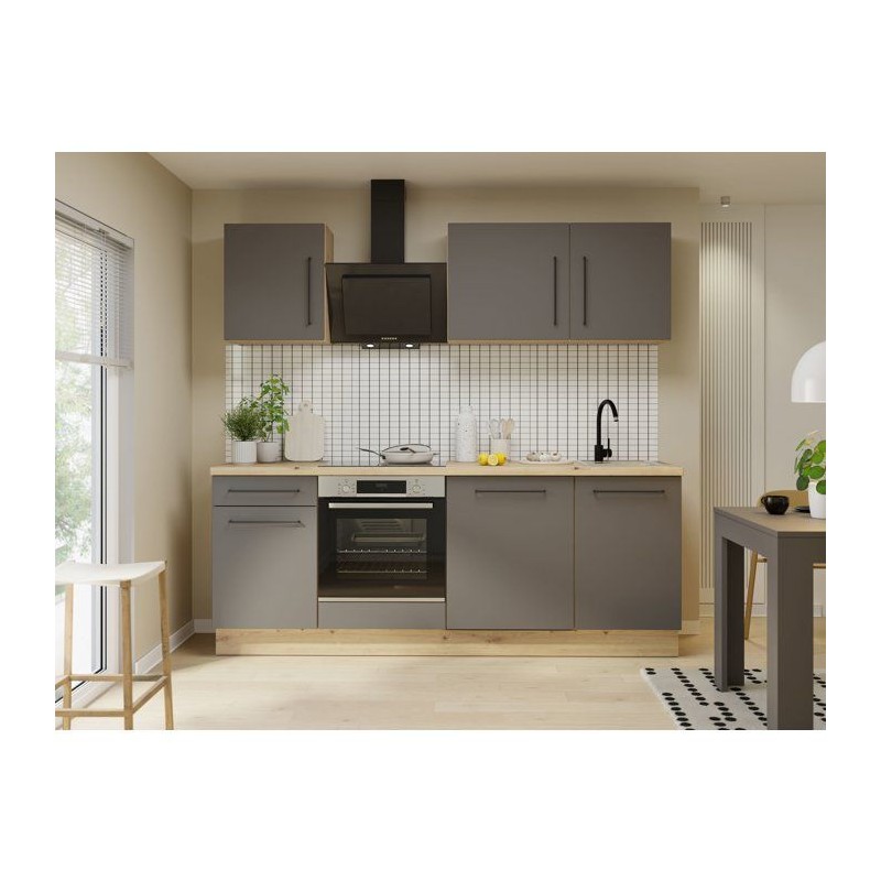 NOVACOOL - Bloc cuisine complete - Chene / Gris foncé - 220 x 60 x 20