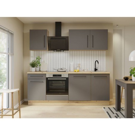 NOVACOOL - Bloc cuisine complete - Chene / Gris foncé - 220 x 60 x 20