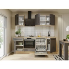NOVACOOL - Bloc cuisine complete - Chene / Gris foncé - 220 x 60 x 204 cm - Plan de travail inclus