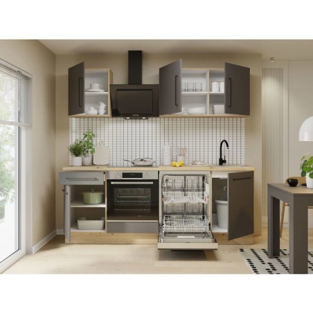 NOVACOOL - Bloc cuisine complete - Chene / Gris foncé - 220 x 60 x 204 cm - Plan de travail inclus