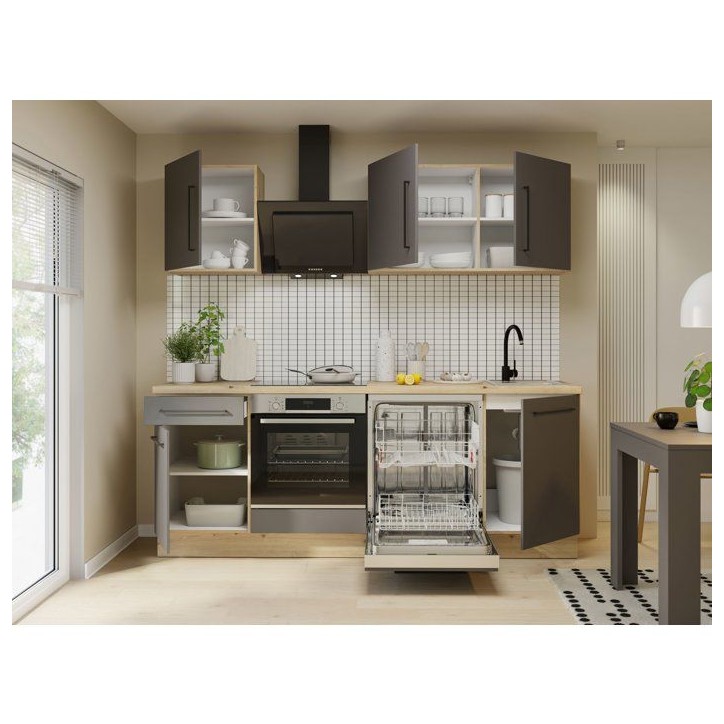 NOVACOOL - Bloc cuisine complete - Chene / Gris foncé - 220 x 60 x 204 cm - Plan de travail inclus