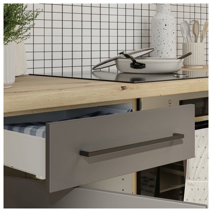 NOVACOOL - Bloc cuisine complete - Chene / Gris foncé - 220 x 60 x 204 cm - Plan de travail inclus
