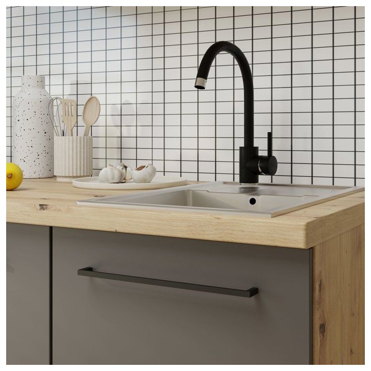 NOVACOOL - Bloc cuisine complete - Chene / Gris foncé - 220 x 60 x 204 cm - Plan de travail inclus