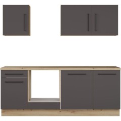 NOVACOOL - Bloc cuisine complete - Chene / Gris foncé - 220 x 60 x 20