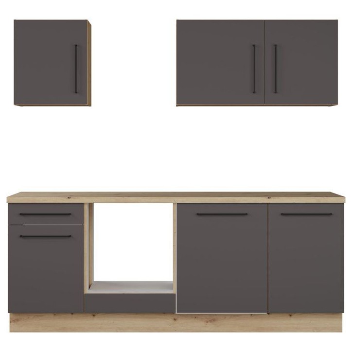 NOVACOOL - Bloc cuisine complete - Chene / Gris foncé - 220 x 60 x 204 cm - Plan de travail inclus
