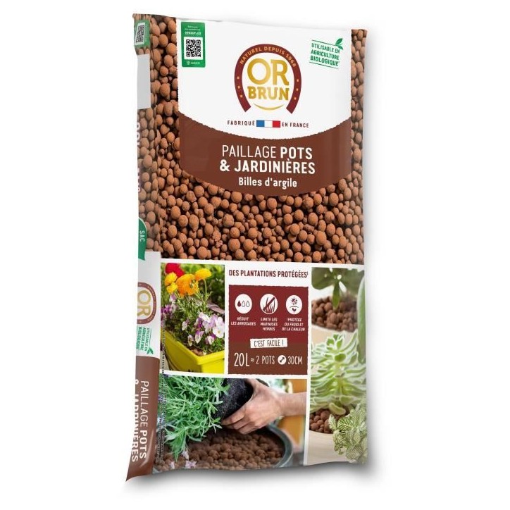Billes D'Argile - OR BRUN - Favorise Le Drainage - Aere le Sol - Conserve l'Humidité - 20L