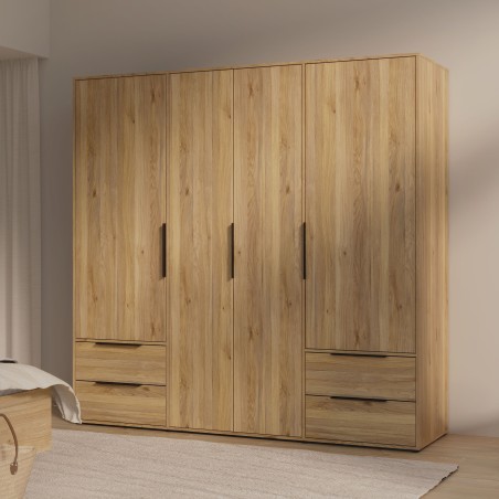 Armoire de chambre - Décor Chene - 4 portes battantes + 4 tiroirs - L