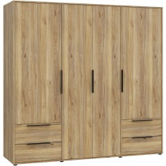 Armoire de chambre - Décor Chene - 4 portes battantes + 4 tiroirs - L205,9 x P59 x H200,1 cm - ORKNEY