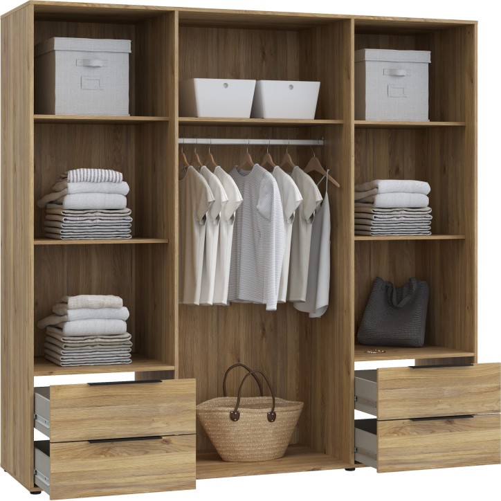 Armoire de chambre - Décor Chene - 4 portes battantes + 4 tiroirs - L205,9 x P59 x H200,1 cm - ORKNEY Armoire de chambre - Décor Chene - 4 portes battantes + 4 tiroirs - L205,9 x P59 x H200,1 cm - ORKNEY