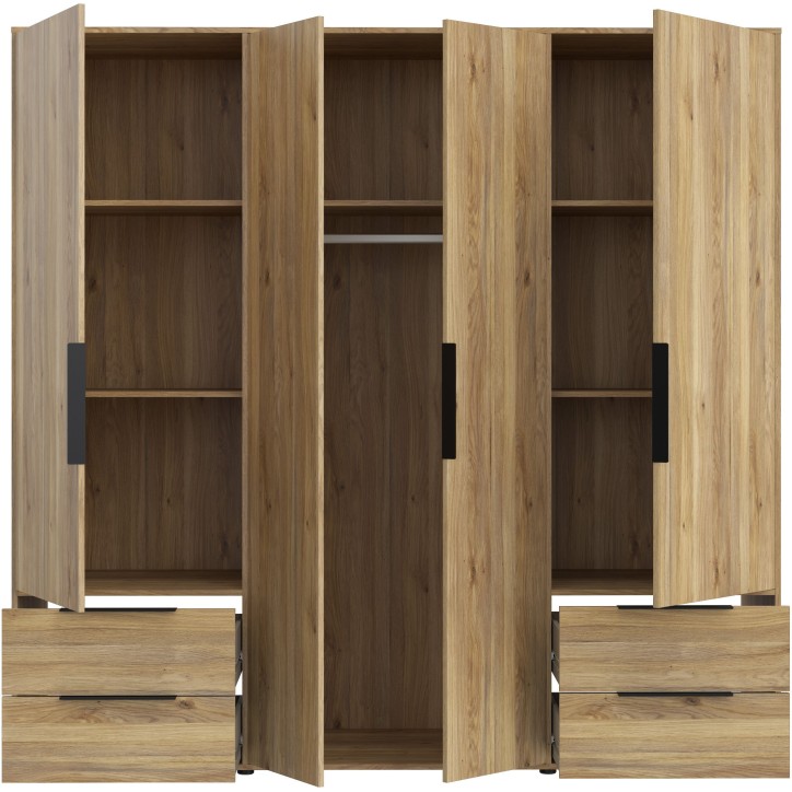 Armoire de chambre - Décor Chene - 4 portes battantes + 4 tiroirs - L205,9 x P59 x H200,1 cm - ORKNEY Armoire de chambre - Décor Chene - 4 portes battantes + 4 tiroirs - L205,9 x P59 x H200,1 cm - ORKNEY