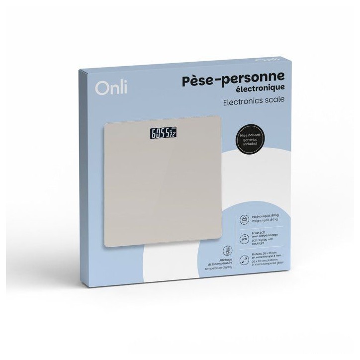 Pese-personne électronique - ONLI - ON1001G - Écran LCD - 180 kg - Verre trempé