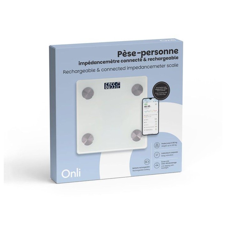 Pese-personne impédancemetre connecté rechargeable - ONLI - ON1029W - 17 indicateurs corporels - Masse grasse - Masse musculai