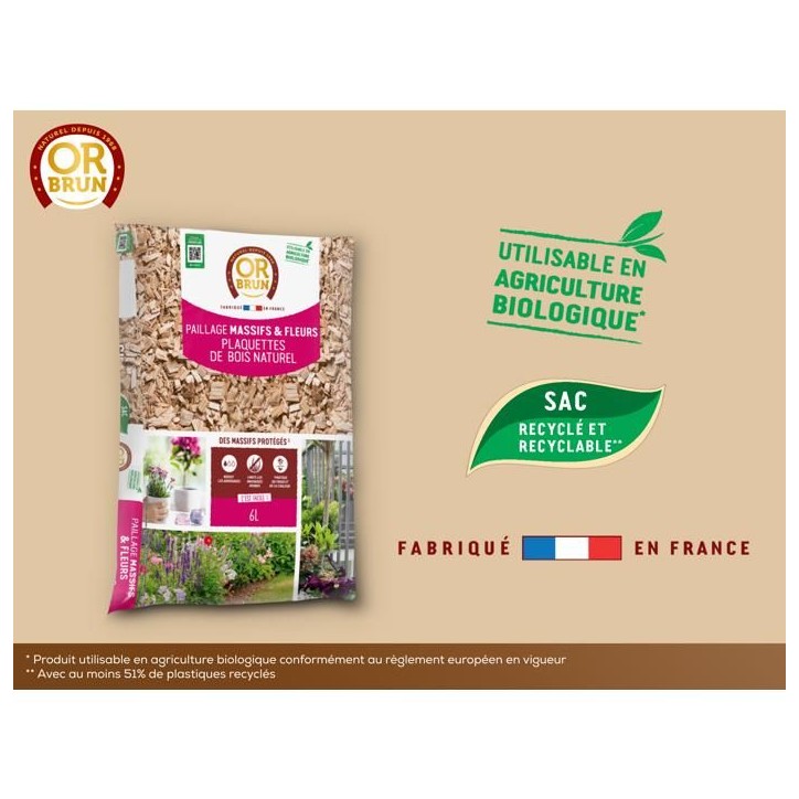Paillage Massifs & Fleurs - OR BRUN - OBRPCLA6U - 6L - Plaquettes de bois naturel