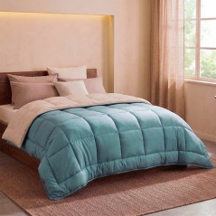 CALGARY - Couette Chaude Microfibre 400gr/m² - Beige Galet & Vert Lac