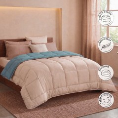 CALGARY - Couette Chaude Microfibre 400gr/m² - Beige Galet & Vert Lac