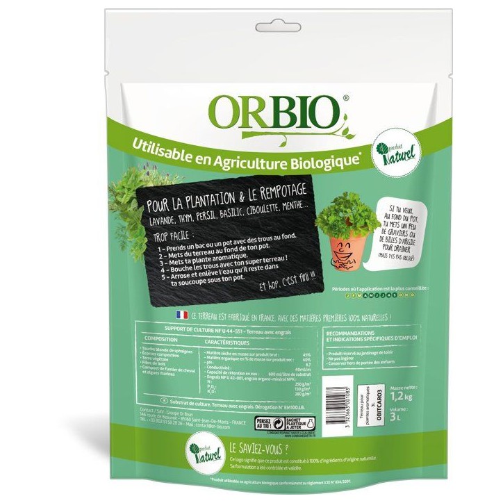 Terreau plantes aromatiques - ORBIO - 3 L - Substrat spécifique aromatiques - Drainage optimisé Terreau plantes aromatiques - ORBIO - 3 L - Substrat spécifique aromatiques - Drainage optimisé