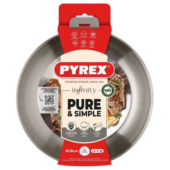 Poele - PYREX - Infinity - 28 cm - Inox - Poignée amovible - Sans poignée Poele - PYREX - Infinity - 28 cm - Inox - Poignée amovible - Sans poignée