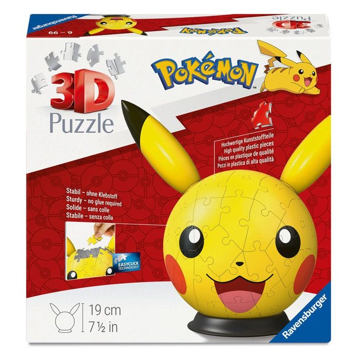 Ravensburger - Puzzle 3D Ball - Pikachu Pokémon - Des 6 ans - 72 pieces numérotées a assembler sans colle-Diametre : 13 cm-12