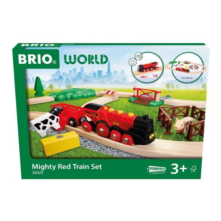 BRIO World - 36029 - Circuit Campagne Locomotive a piles - Coffret de 24 pieces avec animaux - Circuit de train en bois - Des 3