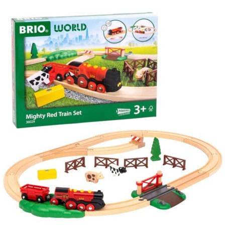 BRIO World - 36029 - Circuit Campagne Locomotive a piles - Coffret de 24 pieces avec animaux - Circuit de train en bois - Des 3