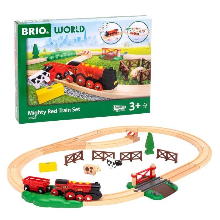 BRIO World - 36029 - Circuit Campagne Locomotive a piles - Coffret de 24 pieces avec animaux - Circuit de train en bois - Des 3
