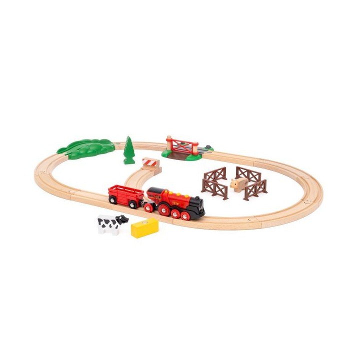 BRIO World - 36029 - Circuit Campagne Locomotive a piles - Coffret de 24 pieces avec animaux - Circuit de train en bois - Des 3