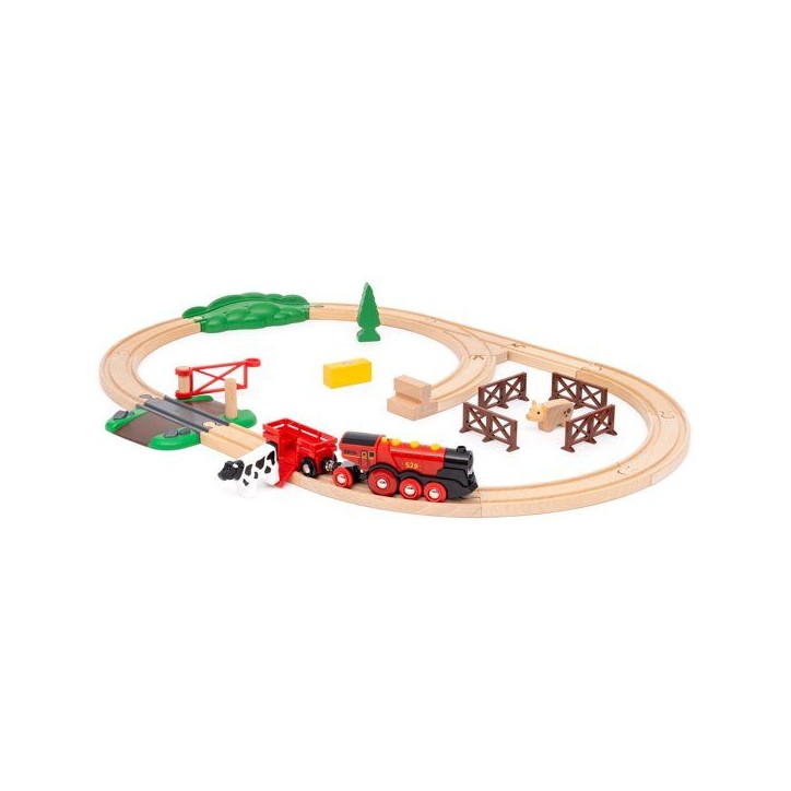 BRIO World - 36029 - Circuit Campagne Locomotive a piles - Coffret de 24 pieces avec animaux - Circuit de train en bois - Des 3