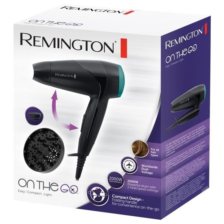 Remington D1500 Seche-Cheveux de Voyage Puissant 2000W On The Go, Poignée Pliable, Ultra Compact Remington D1500 Seche-Cheveux de Voyage Puissant 2000W On The Go, Poignée Pliable, Ultra Compact