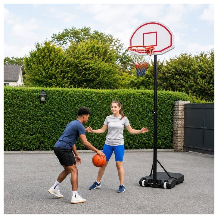 Panier de basketball - REZO - Réglable de 1,65 a 2,10 m - Deux roues - Livré avec un ballon et une pompe Panier de basketball - REZO - Réglable de 1,65 a 2,10 m - Deux roues - Livré avec un ballon et une pompe