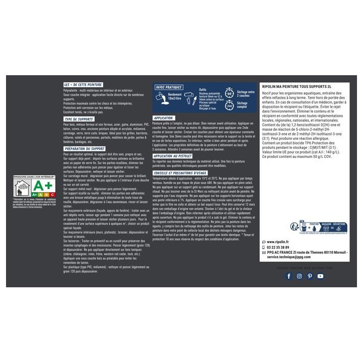 Peinture multi-supports - Gris anthracite - RAL 7016 - Mat - Ripolin - 2L Peinture multi-supports - Gris anthracite - RAL 7016 - Mat - Ripolin - 2L