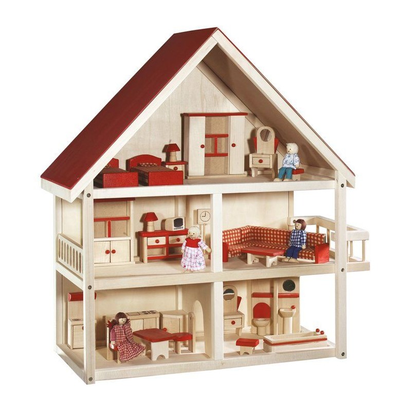 Maison de poupée en bois - ROBA - 3 étages avec 21 pieces de mobilie