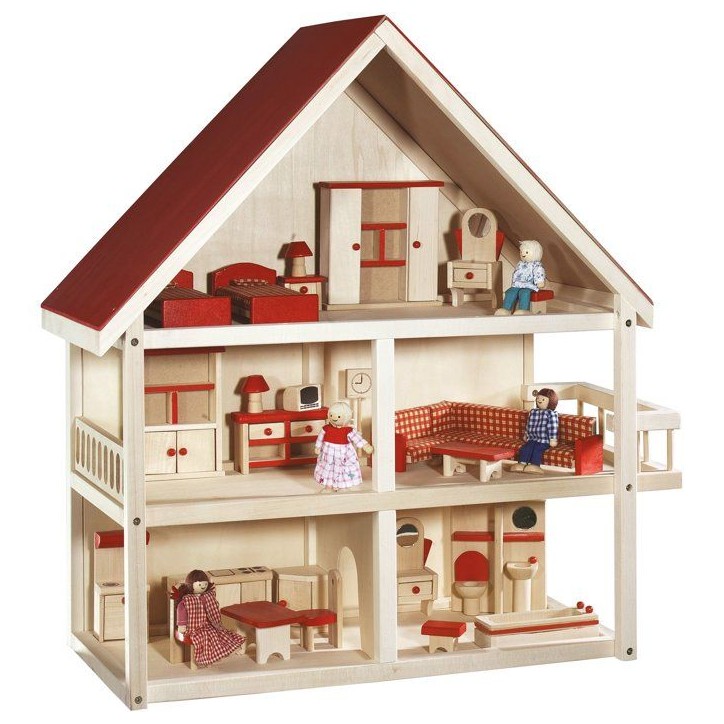 Maison de poupée en bois - ROBA - 3 étages avec 21 pieces de mobilier et 4 poupées - Naturel / Rouge