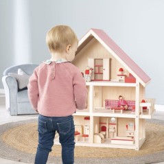 Maison de poupée en bois - ROBA - 3 étages avec 21 pieces de mobilier et 4 poupées - Naturel / Rouge