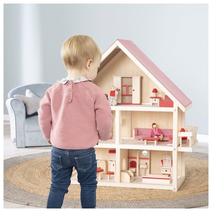 Maison de poupée en bois - ROBA - 3 étages avec 21 pieces de mobilier et 4 poupées - Naturel / Rouge