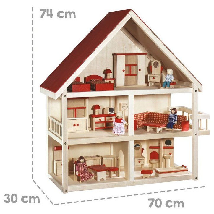 Maison de poupée en bois - ROBA - 3 étages avec 21 pieces de mobilier et 4 poupées - Naturel / Rouge
