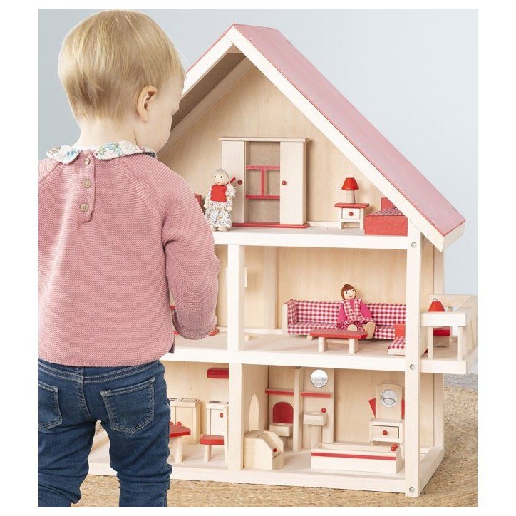 Maison de poupée en bois - ROBA - 3 étages avec 21 pieces de mobilier et 4 poupées - Naturel / Rouge