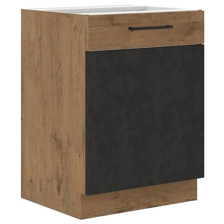 Meuble bas ROCK - Mélaminé décor chene lancelot et gris matera - 1 porte - L60 x H82 cm