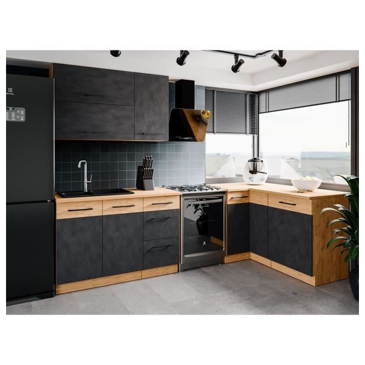 Meuble bas ROCK - Mélaminé décor chene lancelot et gris matera - 1 porte - L60 x H82 cm