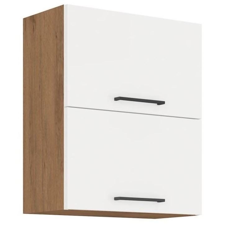 ROCK - Meuble haut - Mélaminé chene Lancelot et Blanc brillant - 60 cm - 2 portes basculantes