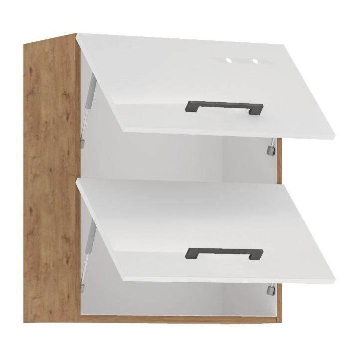 ROCK - Meuble haut - Mélaminé chene Lancelot et Blanc brillant - 60 cm - 2 portes basculantes