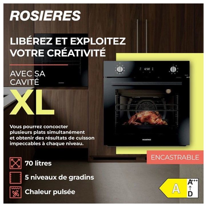 Four encastrable Pyrolyse + Chaleur pulsée + Vapeur Easy Steam - ROSIERES RFC31P5874IP - Noir - Porte froide - 70L Four encastrable Pyrolyse + Chaleur pulsée + Vapeur Easy Steam - ROSIERES RFC31P5874IP - Noir - Porte froide - 70L