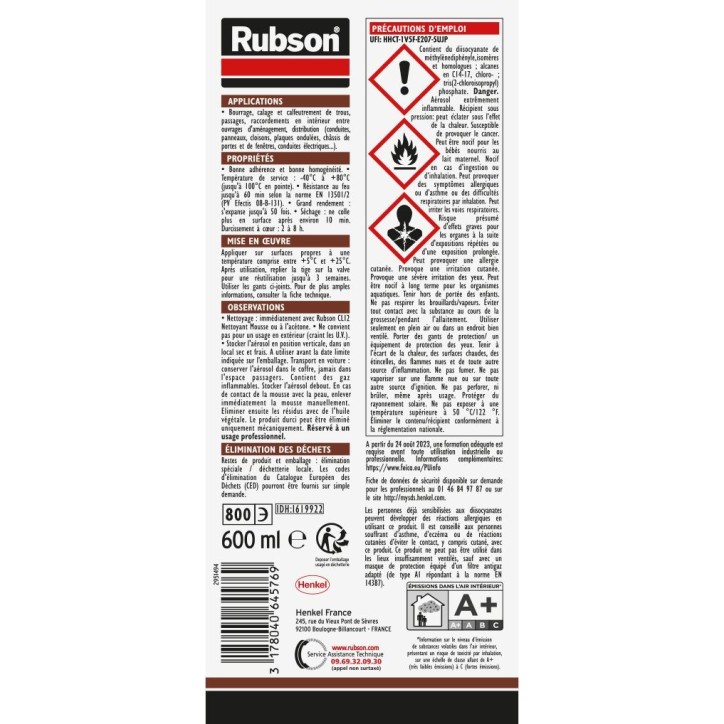 Aérosol mousse expansive coupe-feu - RUBSON - CF 90 - Protection incendie - Isolation polyvalente - 600 ml Aérosol mousse expansive coupe-feu - RUBSON - CF 90 - Protection incendie - Isolation polyvalente - 600 ml