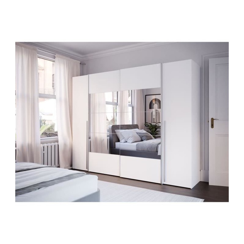 Armoire NARAGO - Décor Blanc mat - 2 portes coulissantes + miroir + 2